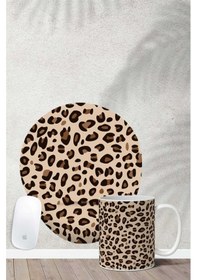 Resim Leopar Desenli 2 Bilek Destekli Mouse Pad Kupa Seti Mousepad 