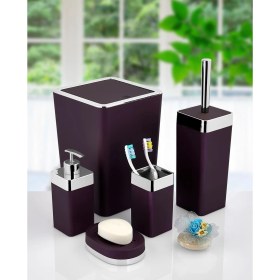 Resim Imera Akrilik Yapım Gümüş Çizgi Soft Banyo Takımı 5'li Kare Banyo Seti Mor 