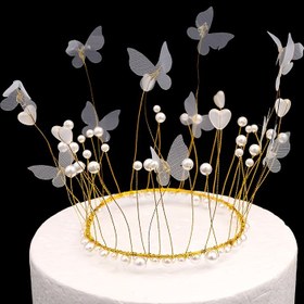 Resim Kek Süsleme Pişirme Çiçek Süsü İnci İplik Kelebek Yuvarlak Beyaz Pembe Taç, Sahne Dekoru, Oda Dekoru, Doğum Günü Partisi Malzemeleri, Temalı Parti Süsü Cadılar Bayramı, Noel Etkinliği ve Parti Malzemeleri Cadılar Bayramı&Noel 