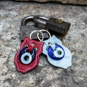 Resim Nazar Boncuklu Baykuş Figürlü Vegan Deri Anahtarlık, Araba Çanta Aksesuarı(Charm), Yeni Ev Hediyesi, Düğün Hediyeliği- Kırmızı & Mavi, 2 Adet 
