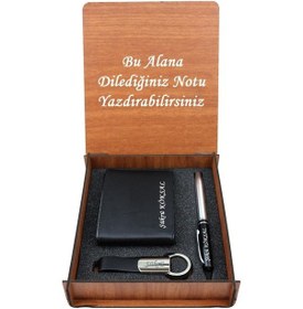 Resim Matraş Isme Kişiye Özel Ahşap Kutulu Deri Cüzdan Anahtarlık Ve Kalem Set 