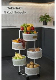 Resim 5 Katlı Tekerlekli Tepsili Metal Sebzelik Açılır Patates Soğan Meyvelik Sepeti Raf Beyaz Beyaz 