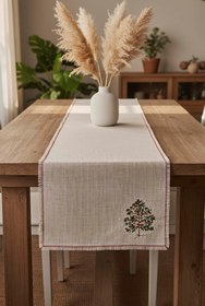 Resim Çam Ağacı Nakışlı Hasır Görünümlü Kenarları Püsküllü Runner 40x115 cm 