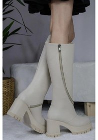 Resim Kadın Carina Krem Cilt Döner Fermuarlı 8 Cm Platform Topuklu Diz Altı Çizme Krem Cilt Krem 