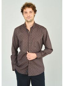 Resim De Leone Erkek Slim Fit Desenli Uzun Kollu %100 Pamuk Gömlek 2045 Kahverengi Kahverengi 