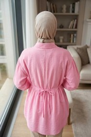 Resim Gülseli Tesettür Gömlek Pembe TZL-P-00021786 