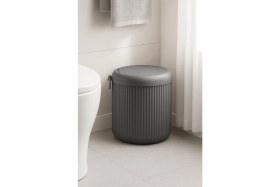 Resim Lines Serisi Gri Banyo Seti, 5 Parça Oval Akrilik 4 Litre Çöp Kovası, Sabunluk, Fırçalık Takımı 