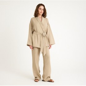 Resim Miespiga %100 Pamuklu Dokuma Şal Yaka Müslin Kimono-pantolon Alt Üst Takım Bej 