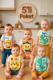 Resim DYZSTAR Little Explorer 5 li Bebek Önlük Seti - Sıvı Geçirmez, Pamuklu, Hayvan Figürlü Eğlenceli Mama Önlüğü 