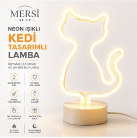 Resim Neon Led Kedi Lamba Dekoratif Masaüstü Gece Lambası Usb & Pilli 