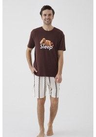 Resim Erkek Kısa Kollu Pamuklu Ayıcık Desenli Şortlu Pijama Takımı Ke30308 Ekru 