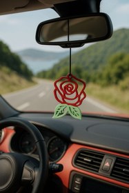 Resim Oppy Kırmızı Gül Şeklinde Salıncakta Sallanan Dikiz Aynası Süsü 