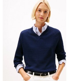 Resim Tommy Hilfiger Yün Kaşmir Karışımlı Saç Örgülü V Yaka Uzun Kollu Kadın Mavi Kazak Ww0ww464170z0 Mavi 