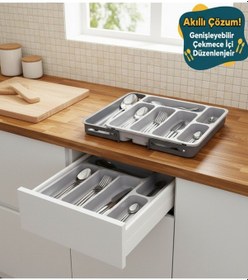 Resim Çekmece İçi Kaşıklık Çift Taraflı Ayarlanabilir Uzayabilen Çatal Bıçaklık Düzenleyici Gri 