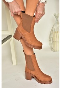 Resim Fox Shoes T726981602 Taba Süet Lastikli Kalın Topuklu Kadın Bot Taba-Süet Taba 