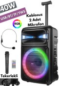 Resim Mikado 40W USB/BT/TF/TWS RGB LED Işıklı Kablosuz ve Kafa Mikrofonlu Kumandalı Tekerlekli Toplantı-Parti 