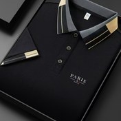 Resim Erkek Yaz Yeni Düz Renk Düğme Polo Gömlek, Tatil ve Açık Hava Eğlencesi için Uygun, Paris Harf Basit Baskı Kontrast Yaka Tasarımı, Hafif ve Yumuşak Soğutma Kumaşı, Açık Hava Eğlencesi Ofis İş Nefes Alabilir Gömlek 