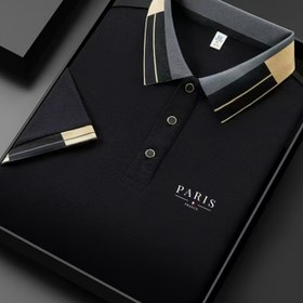 Resim Erkek Yaz Yeni Düz Renk Düğme Polo Gömlek, Tatil ve Açık Hava Eğlencesi için Uygun, Paris Harf Basit Baskı Kontrast Yaka Tasarımı, Hafif ve Yumuşak Soğutma Kumaşı, Açık Hava Eğlencesi Ofis İş Nefes Alabilir Gömlek 