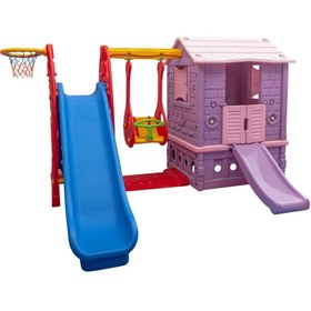 Resim Çocuk Oyun Evi İki Kapılı Çocuk Büyük Kaydırak Salıncak Büyük Set Çocuk Aktivite Evcilik Çocuk Parkı 