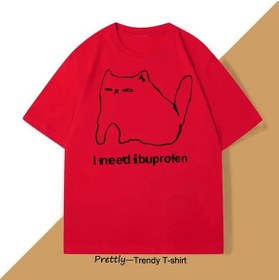 Resim Snapbuy Komik Kedi Grafikli Pamuklu Kısa Kollu Unisex T-shirt - Ibuprofen'a İhtiyacım Var Desenlikırmızıerkek Kirmizi 
