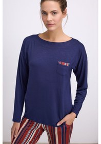 Resim Man11577-1020 Anil Ev Giyim Anıl Kadın Lacivert Uzun Kollu T-shirt Ve Çizgili Pantolon Takımı 11577 Lacivert 