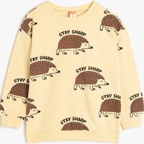 Resim Erkek Bebek Sweatshirt Uzun Kollu Bisiklet Yaka Kirpi Baskılı Şardonlu Pamuklu 