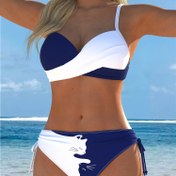 Resim İki parçalı kadın modası baskılı çapraz desenli bikini seti, sert paket push-up yazlık plaj giyimi 