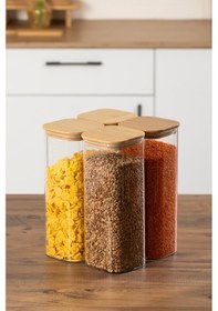 Resim Porsima 7-4 Bambu Vakumlu Kapaklı Kare Borsilikat Cam 4lü Kavanoz Seti Saklama Kabı 1900ml 9,5x27cm 