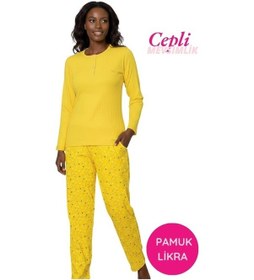Resim Guava Kadın Sarı Çiçek Desen Mevsimlik Pamuklu Penye Uzun Kol Cepli Pijama Takımı-slim Fit Dar Kalıp Sarı 