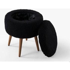 Resim Teddy Ahşap Ayaklı Sandıklı Yuvarlak Puf Makyaj Masası Pufu - Dekoratif Ayak Uzatma Pufu Siyah 