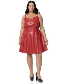 Resim Büyük Beden Ayarlanabilir İnce Askılı Sırtı Lastikli Deri Mini Kırmızı Elbise-kırmızı Kırmızı 