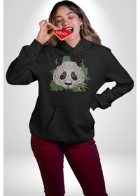 Resim Panda Mandala Kadın Erkek Siyah Kapüşonlu Sweatshirt Hoodie Siyah 