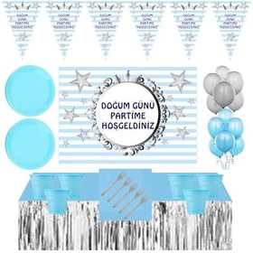 Resim Yıldızlı Mavi 8 Kişilik Afişli Masa Etekli Doğum Günü Parti Mal 