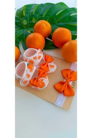 Resim Bilge Trend Kız Bebek Portakal Desenli Fiyonklu Patik ve Bandana Seti 