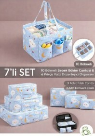 Resim 7li Set I 6'lı Set Desenli Bavul Valiz Içi Çok Amaçlı Organizer I Taşınabilir Bakım Çantası 2 Li Set Mavi 