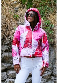 Resim Keyifli Moda Kadın Pembe Desenli Kapüşonlu Kolları Fermuarlı Kısa Şişme Mont - S-m Pembe 
