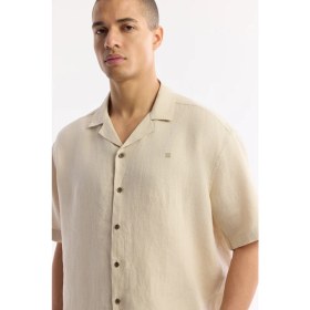Resim AVVA Erkek Bej Apaj Yaka %100 Keten Kısa Kol Oversize Fit Gömlek A51Y2209 