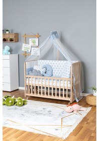 Resim Ahşap Beşik Anne Yanı Beşik Organik 60x120 - Mavi Yıldız 3 Yastıklı Uyku Seti + Yataklı Ahşap 