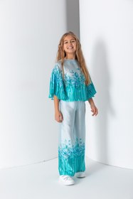 Resim Kız Çocuk Pliseli Arkadan Fermuarlı Çicek Baskılı Bluz - Turkuaz/Mint - 8 Yaş 