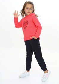 Resim Toontoy Kız Çocuk 2'li Takım Baskılı Kapüşonlu Sweatshirt & Beli Paçası Lastikli Jogger Eşofman Altı 