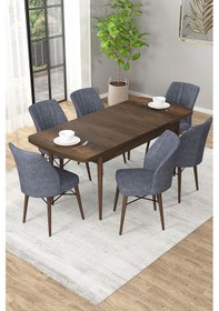 Resim Arel Barok Desen 80x132 Açılabilir Mdf Masa Yemek Odası Takımı, Mutfak Takımı 6 Adet Sandalye Barok Masa - 6 Füme - Ceviz Ayak 