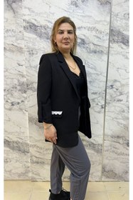 Resim BE ATÖLYE BUTİK Kadın Astarlı Blazer Ceket Düğmesiz Yan Cep Dantel Detaylı Çıtçıt Kollu 