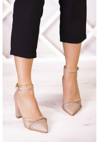 Resim Molly Ten Saten Taşlı Fileli Kalın Topuklu Ayakkabı 