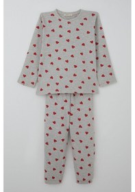 Resim Breeze Kız Çocuk Pijama Takımı Kalp Desenli 4-8 Yaş, Açık Gri Melanj Açık Gri Melanj 
