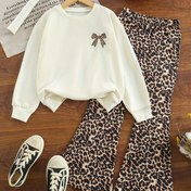 Resim Kızlar İçin İki Parçalı Takım: Düz Renk Yuvarlak Yaka Leopar Desenli Fiyonklu Uzun Kollu Üst + Leopar Desenli Bol Paça Ayak Boyu Pantolon, Sonbahar için Mükemmel Outdoor 