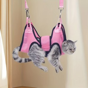 Resim Kediler & Küçük Köpekler için Rahat Pembe Fileli Evcil Hayvan Bakım Hamak - Dayanıklı, Nefes Alabilen Kumaş, Ayarlanabilir Kayışlar & Kanca - Tırnak Kesme, İlaç Verme & Yaz Güzellik Rutinleri için İdeal, Kedi Hamak 