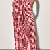 Resim Kadın Kırmızı ve Beyaz Gingham Baskılı Geniş Bacaklı Pantolon - Yüksek Bel, Bol Kesim, İpli Bel Bandı, Rahat İlkbahar/Sonbahar Stili, Rahat Kumaş ile Rahat Giyim, Yüksek Bel Tayt 