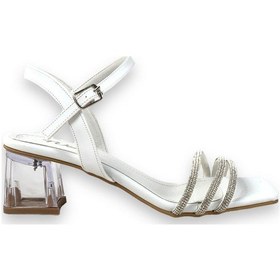 Resim Kadın Tels Beyaz Alçak Şeffaf Topuk 3 Biyeli Taşlı Sandalet 5 Cm 213 001 