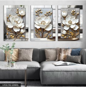 Resim Evinemoda Gold Yapraklı Beyaz Çiçek 3 Parça Pleksi Aynalı Tablo 