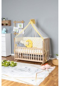 Resim Ahşap Beşik Anne Yanı Beşik Organik 60x120 - Sarı Yıldız 3 Yastıklı Uyku Seti + Yataklı Ahşap 